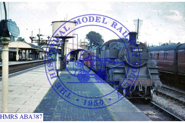 [ABA387] Yatton, station view, 2-6-2T Std3 82039 F7R 2 car train in Cheddar bay Shows water tower, platform a